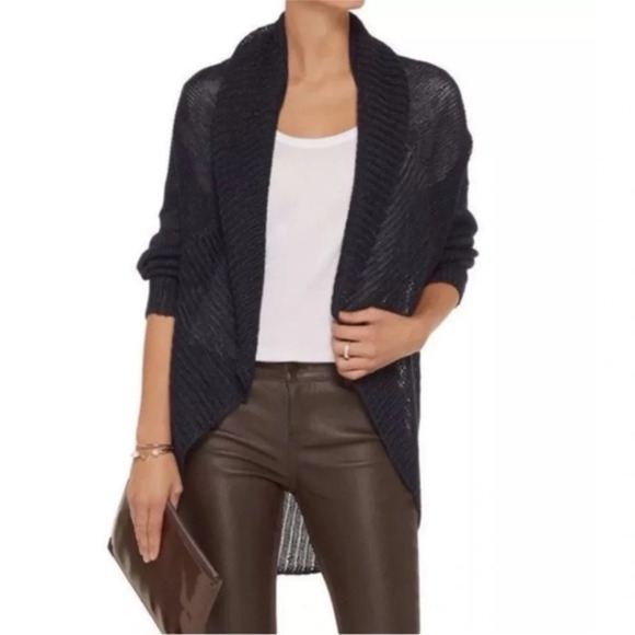 Vince Women’s Navy Relaxed Chunky Knit Crochet 100% Linen Open Front XS Cardigan - Picture 1 of 10